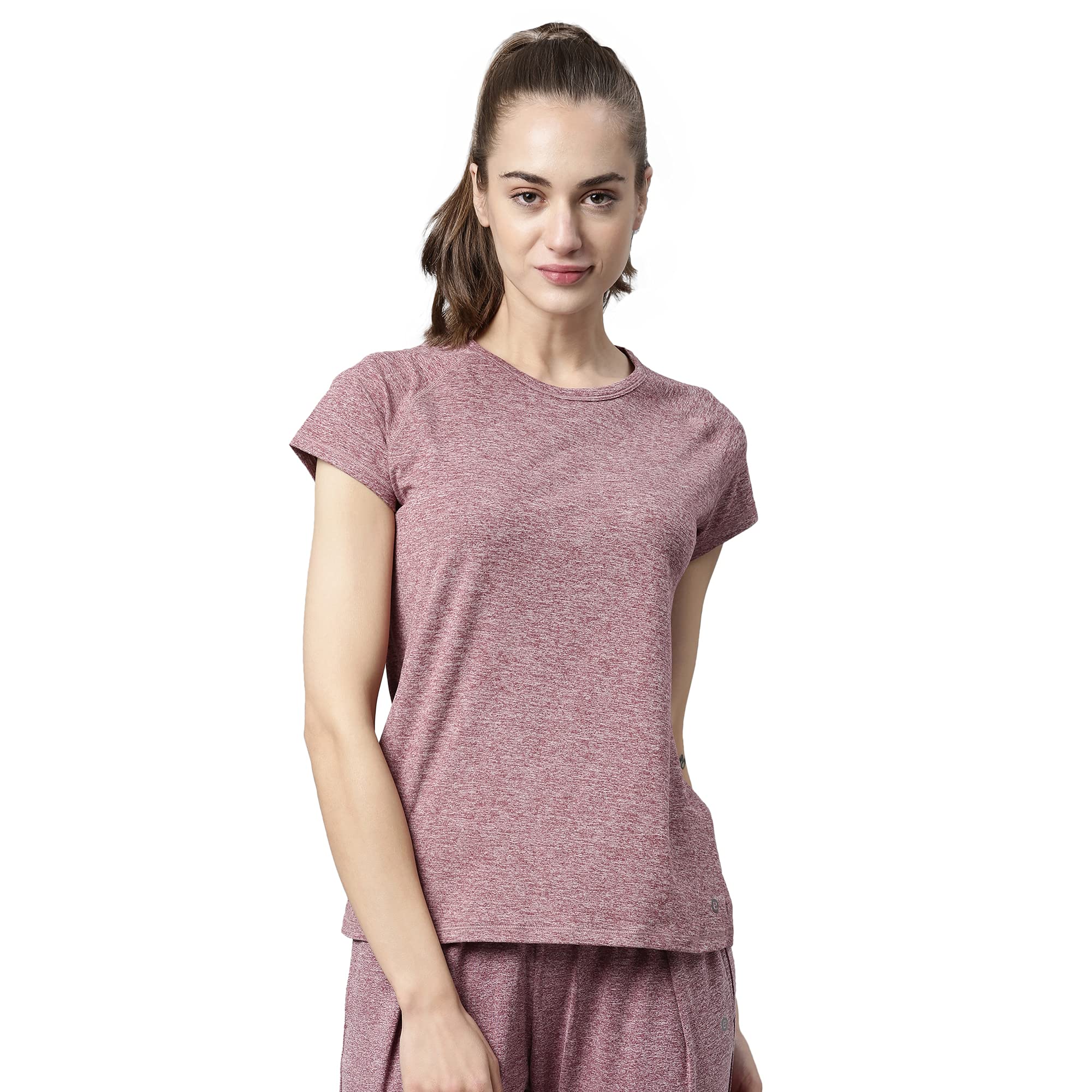 Enamor Athleisure Womens Raglan Sleeves Scoop Neck Slim Fit Quick Dry 4 Way Stretch Antimicrobial Active Tee with Reflective Graphic- E089-(E089_Burgundy Mel_S)