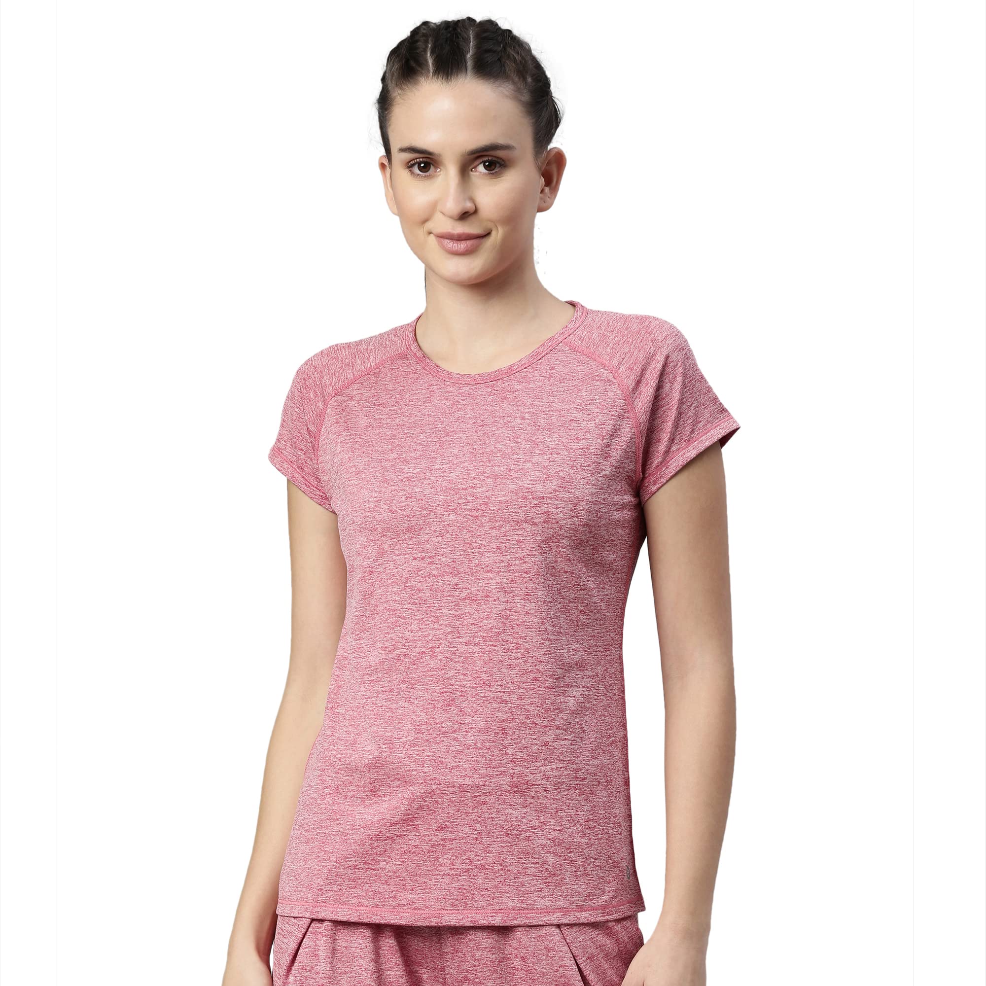 Enamor Athleisure Women's Raglan Sleeves Scoop Neck Slim Fit Quick Dry 4 Way Stretch Antimicrobial Active Tee with Reflective Graphic- E089(E089-Strawberry Mel W/Matrix Ref-M)