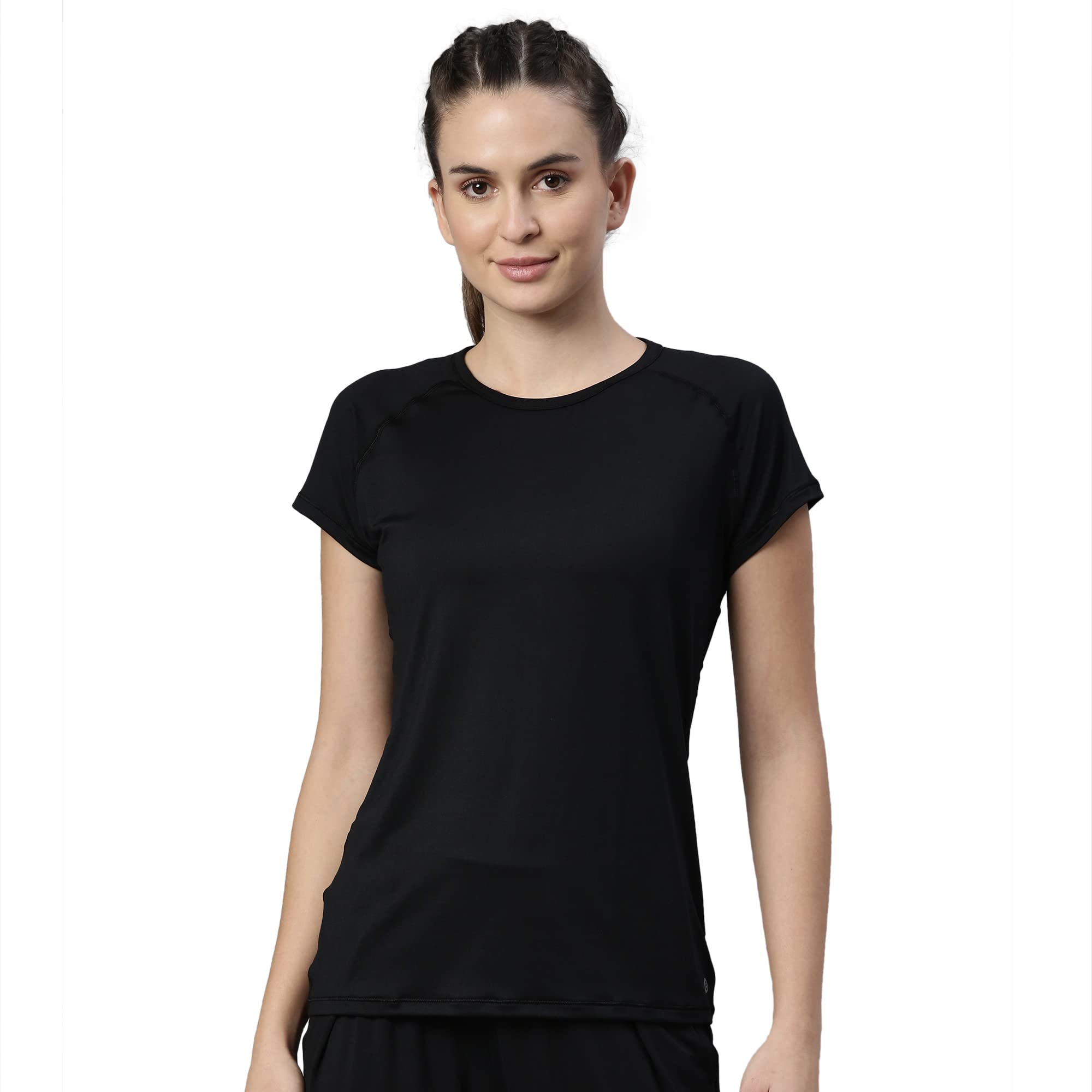 Enamor Athleisure Women's Raglan Sleeves Scoop Neck Slim Fit Quick Dry 4 Way Stretch Antimicrobial Active Tee with Reflective Graphic- E089(E089-Jet Black-M)
