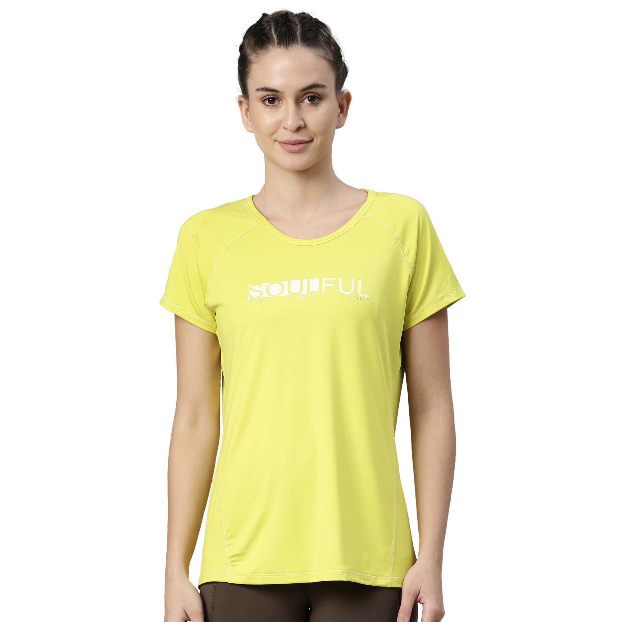 Enamor Athleisure Women's Polyester Relaxed Fit Long Length Raglan Sleeves Scoop Neck Quick Dry 4 Way Stretch Antimicrobial Graphic Tee - E163(E163-Lime Glow / Soulful Graphic-XXL)