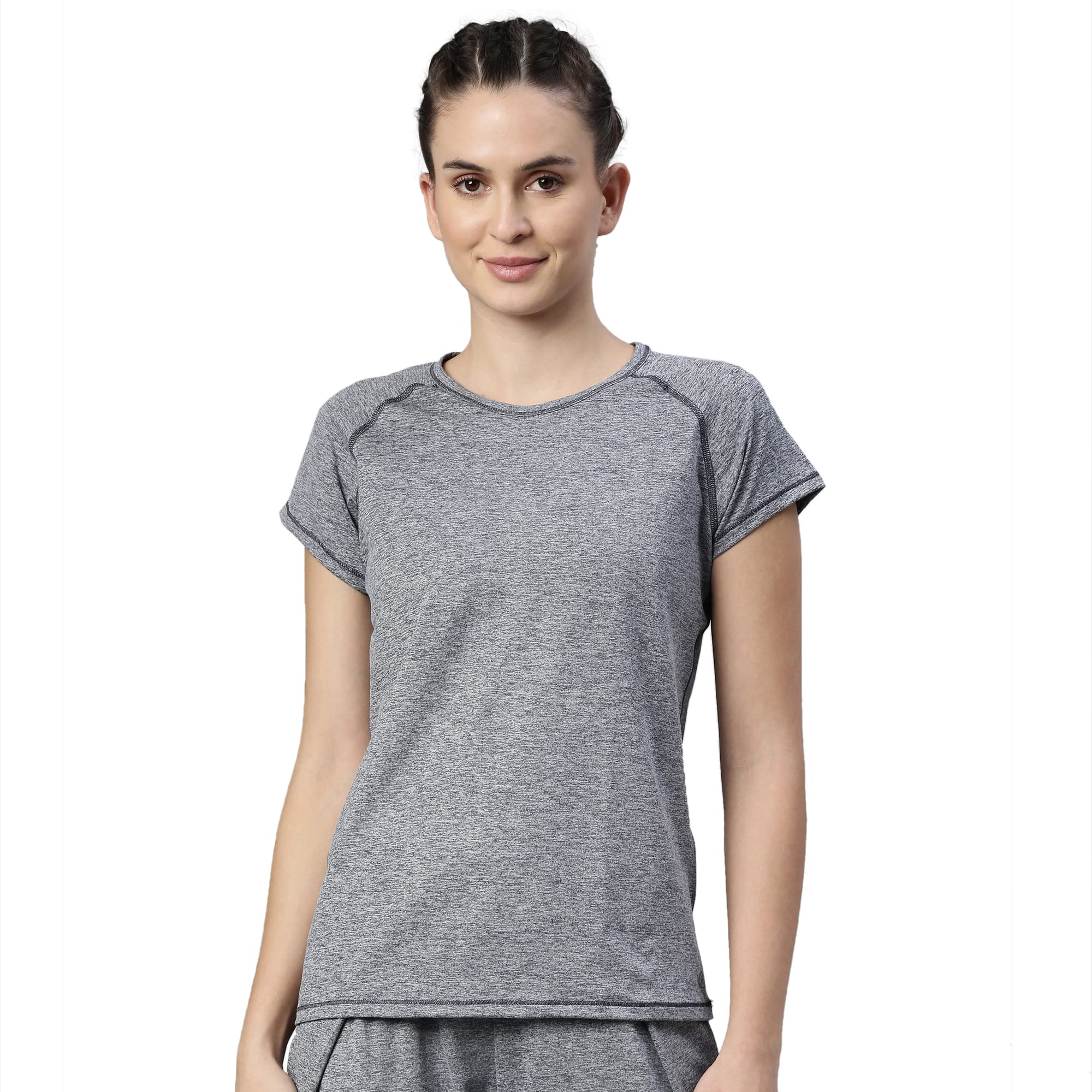 Enamor Athleisure Women's Raglan Sleeves Scoop Neck Slim Fit Quick Dry 4 Way Stretch Antimicrobial Active Tee with Reflective Graphic- E089(E089-Navy Melange-M)