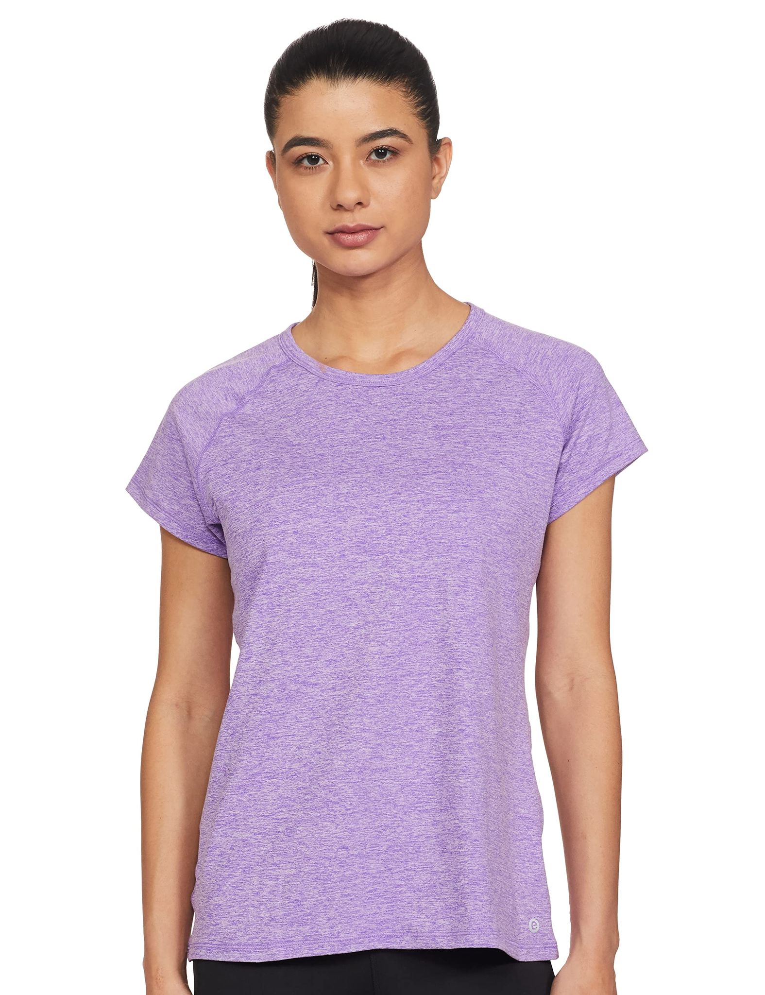 Enamor Athleisure Women's Raglan Sleeves Scoop Neck Slim Fit Quick Dry 4 Way Stretch Antimicrobial Active Tee with Reflective Graphic- E089(E089-Orchd Glaz Mel-S)