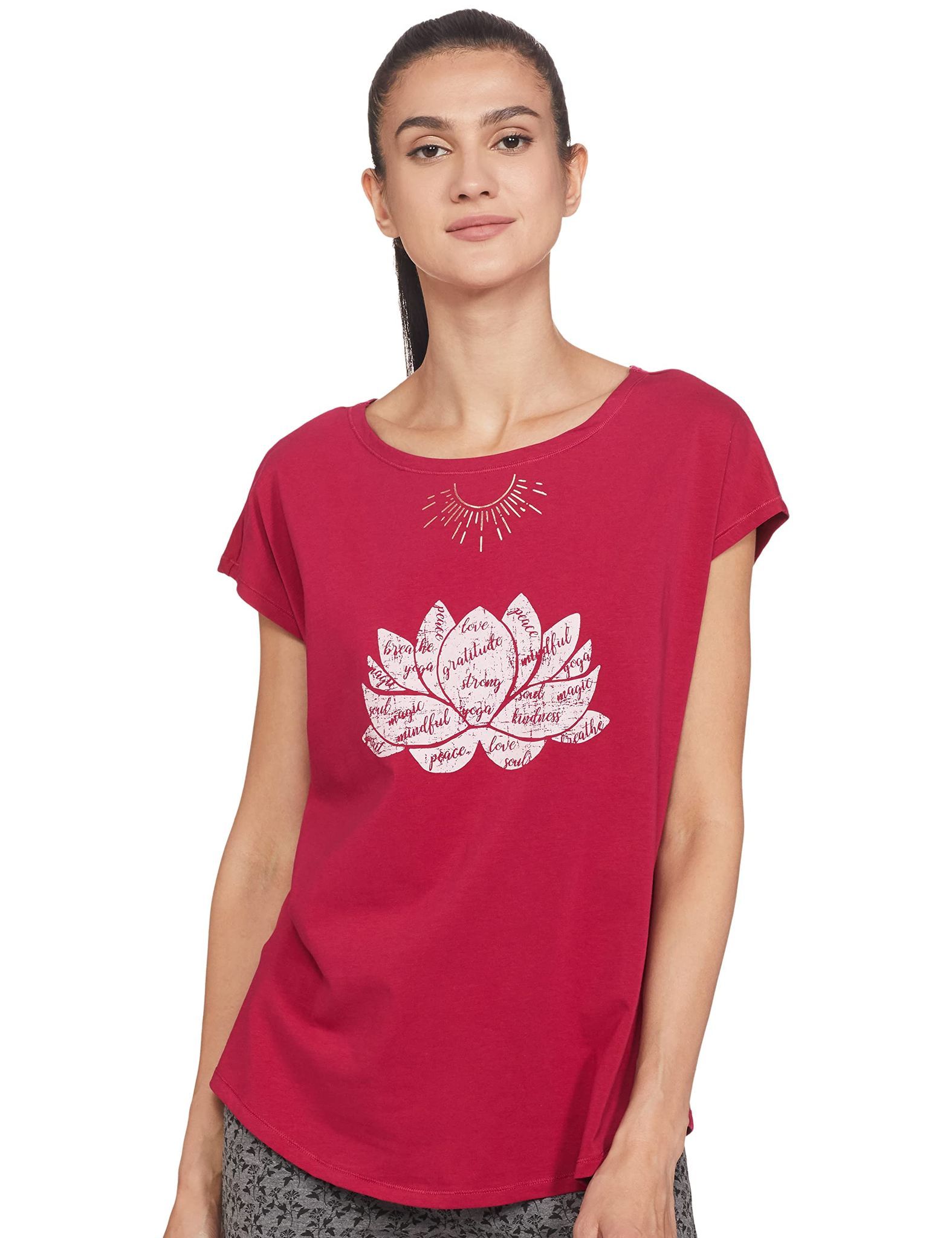 Enamor Athleisure Women's Relaxed Fit Long Length Short Sleeve Boat Neck 4 Way Stretch Antimicrobial Cotton Tee with Inspiring Graphics (E131-Strawberry /Lotus Graphic-XXL)