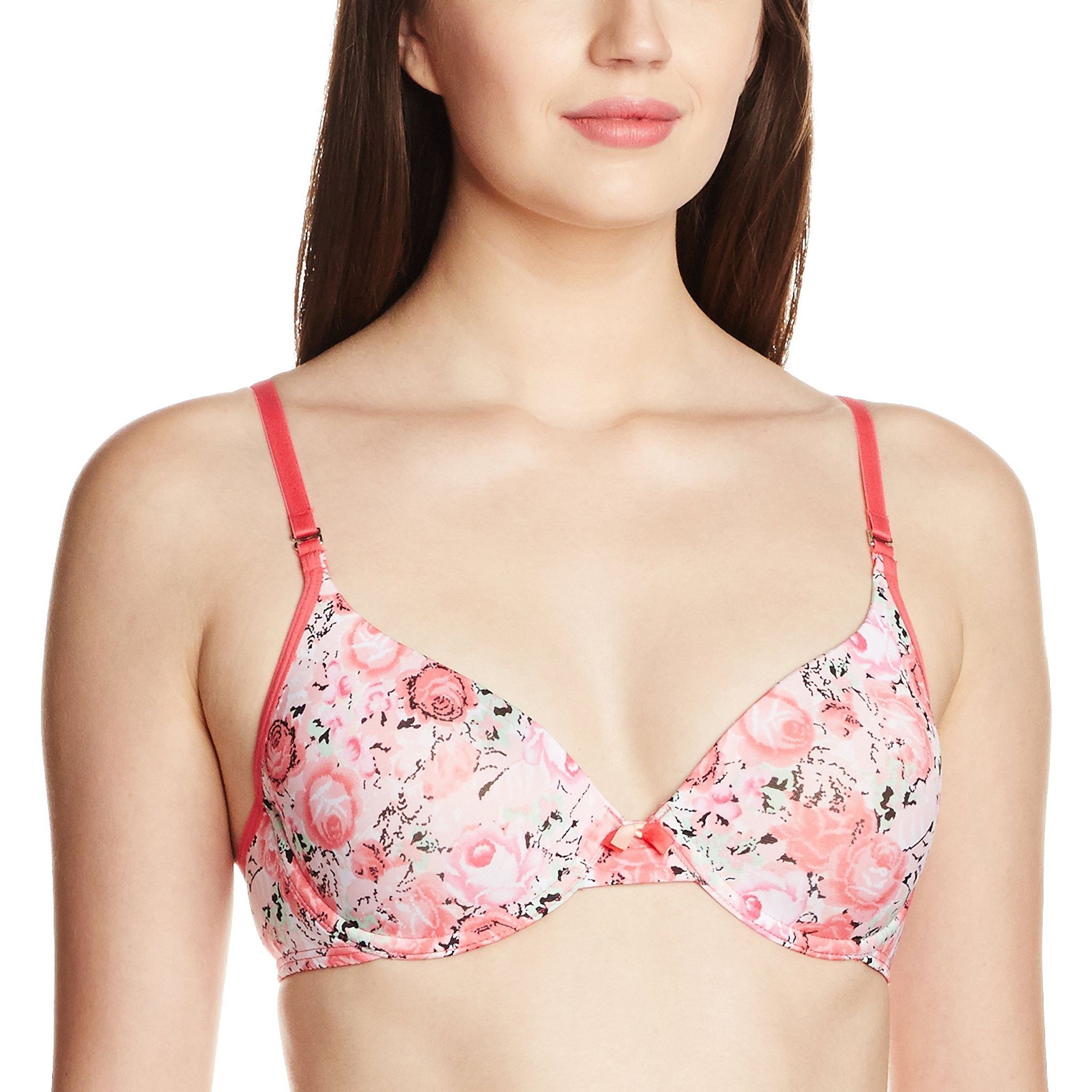 Enamor Women's Padded Wired T-Shirt Bra (F072_Peach Floral Print_34C)