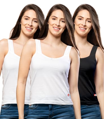 NRG Womens Cotton Assorted Colour Tank Top Half Slips ( Pack of 3 White - White - Black ) L12 Camisole