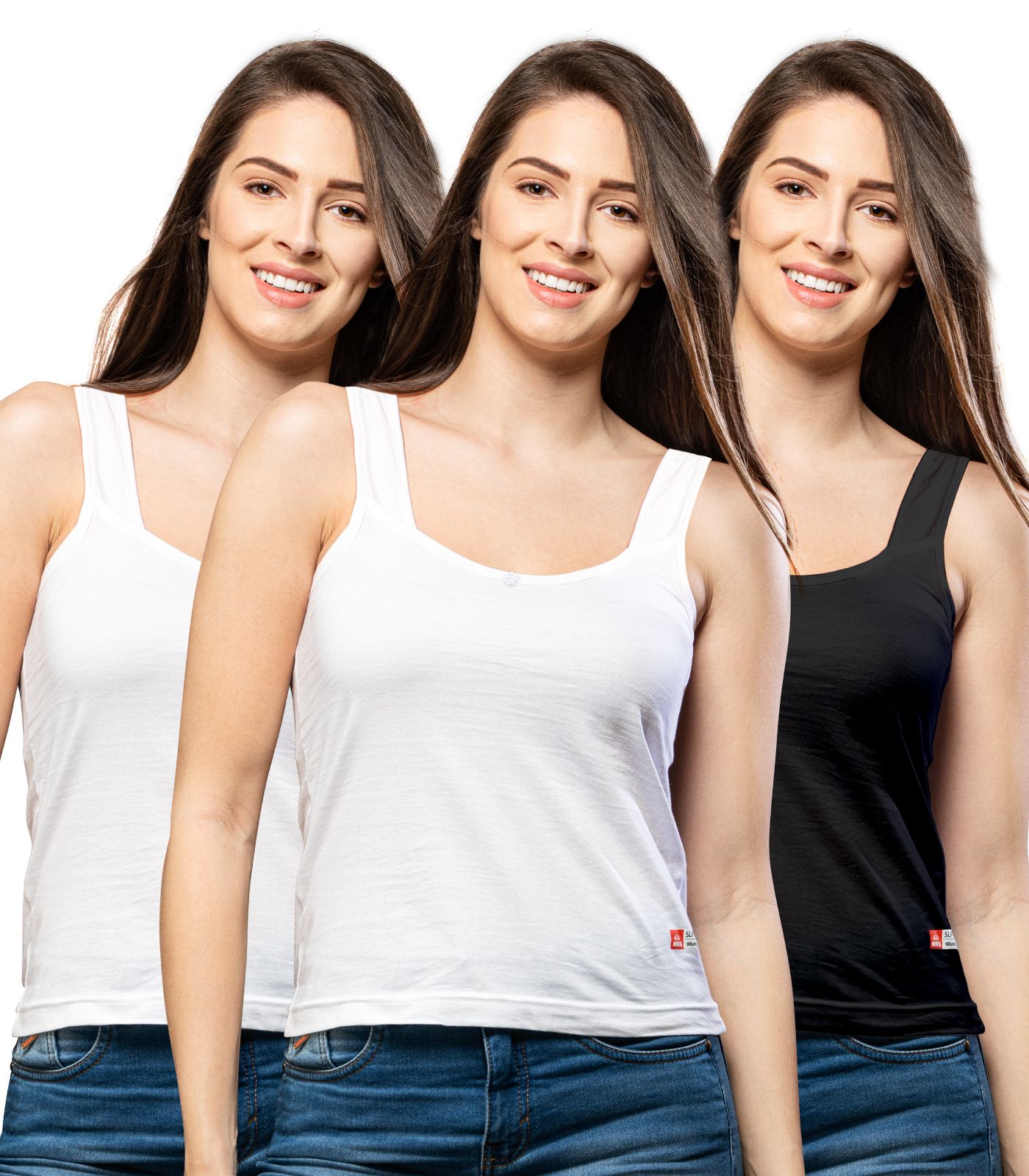 NRG Womens Cotton Assorted Colour Tank Top Half Slips ( Pack of 3 White - White - Black ) L12 Camisole