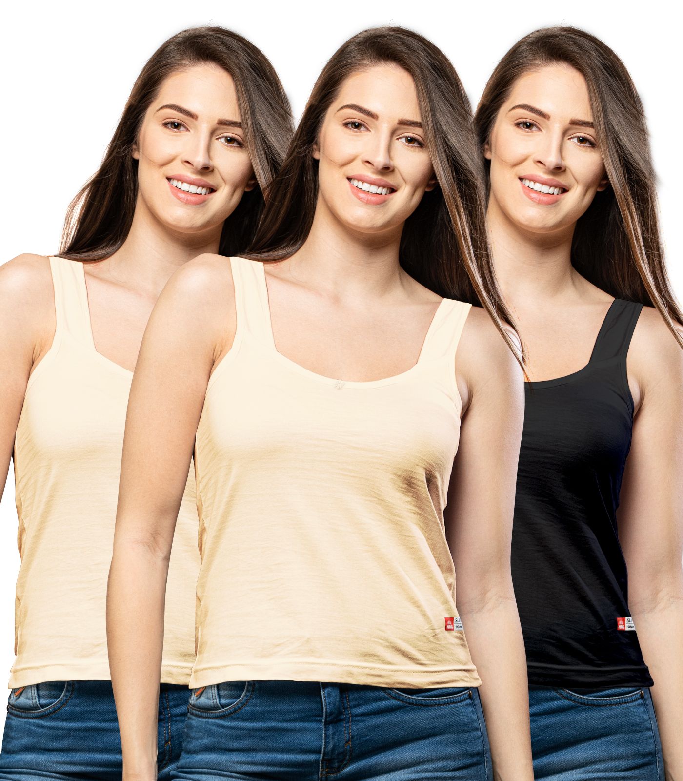 NRG Womens Cotton Assorted Colour Tank Top Half Slips ( Pack of 3 Skin - Skin - Black ) L12 Camisole