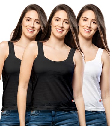 NRG Womens Cotton Assorted Colour Tank Top Half Slips ( Pack of 3 Black - Black - White ) L12 Camisole