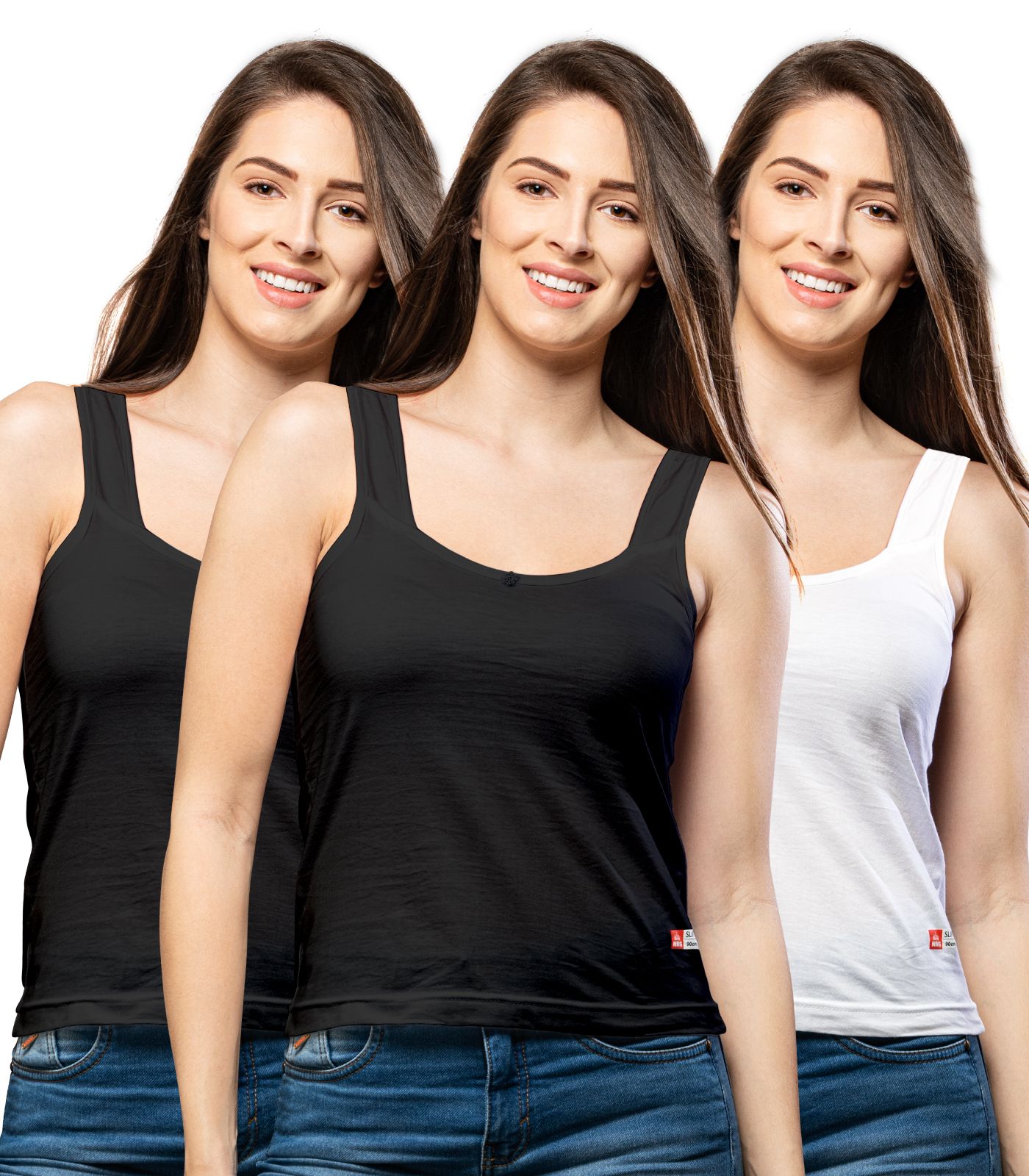 NRG Womens Cotton Assorted Colour Tank Top Half Slips ( Pack of 3 Black - Black - White ) L12 Camisole