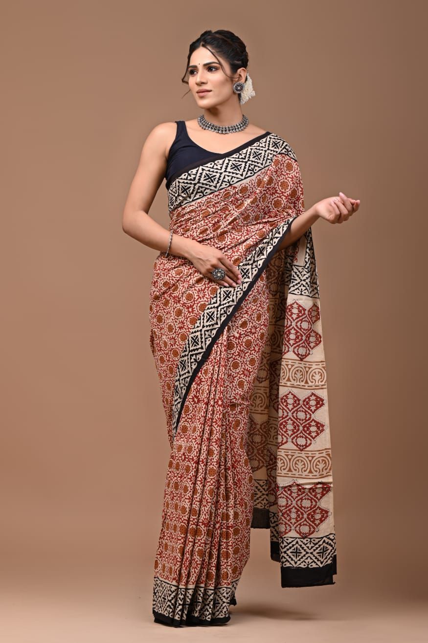 Bagru Handblock Printed Cotton Saree With Blouse