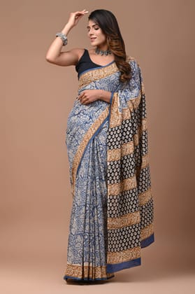 Bagru Handblock Printed Cotton Saree With Blouse Bagru Handblock Printed Cotton Saree With Blouse