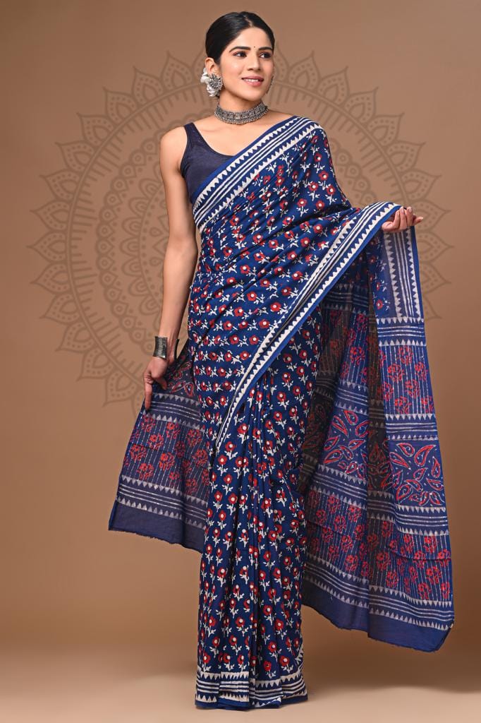 Bagru Handblock Printed Cotton Saree With Blouse