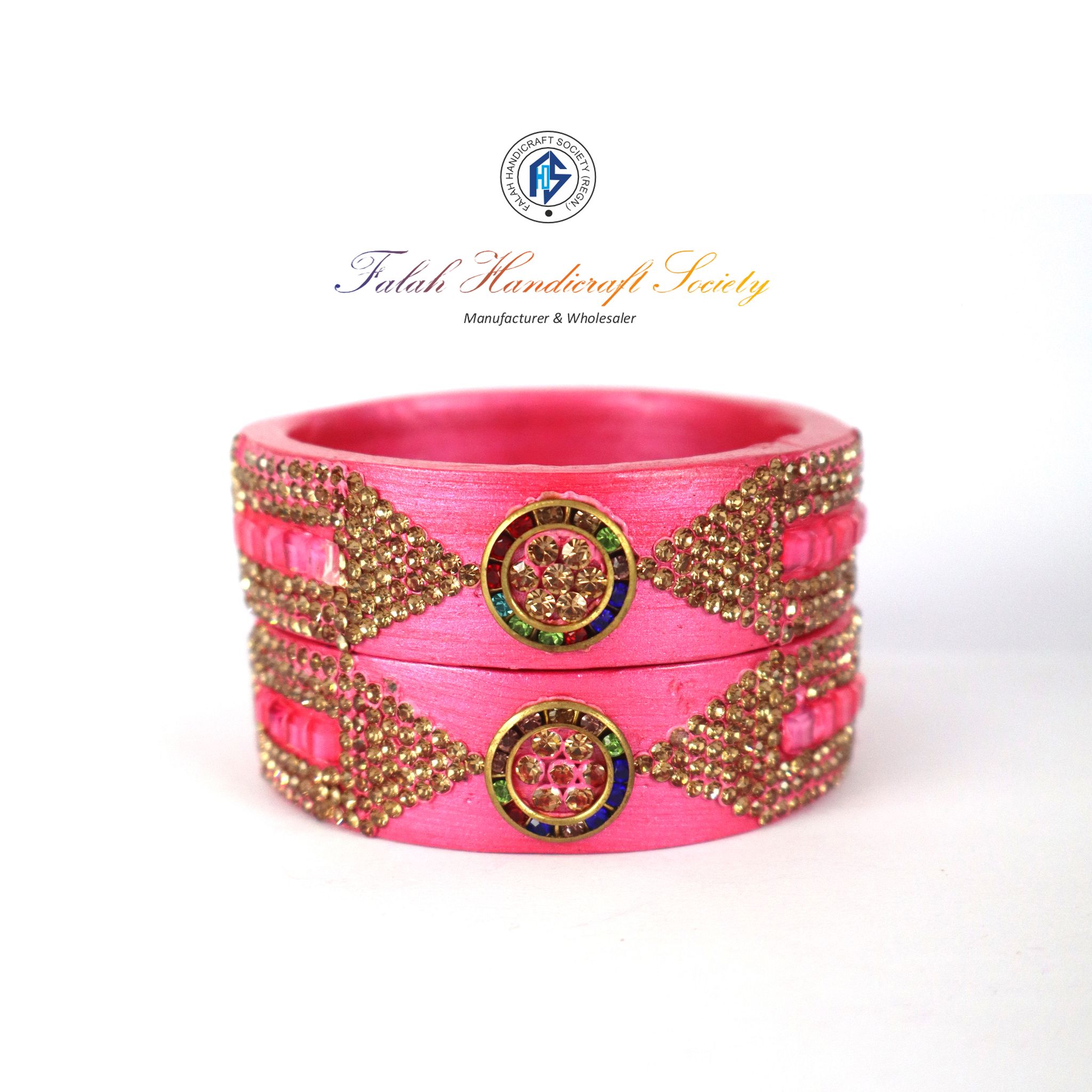 FHS Crystal Work Rajasthani Lac Bangles - Pink