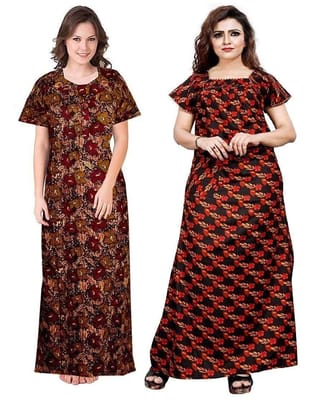 KBNBJ Women's Cotton Printed Night Gown Nighty Combo Pack of 2, Brown & Black Color - Free Size