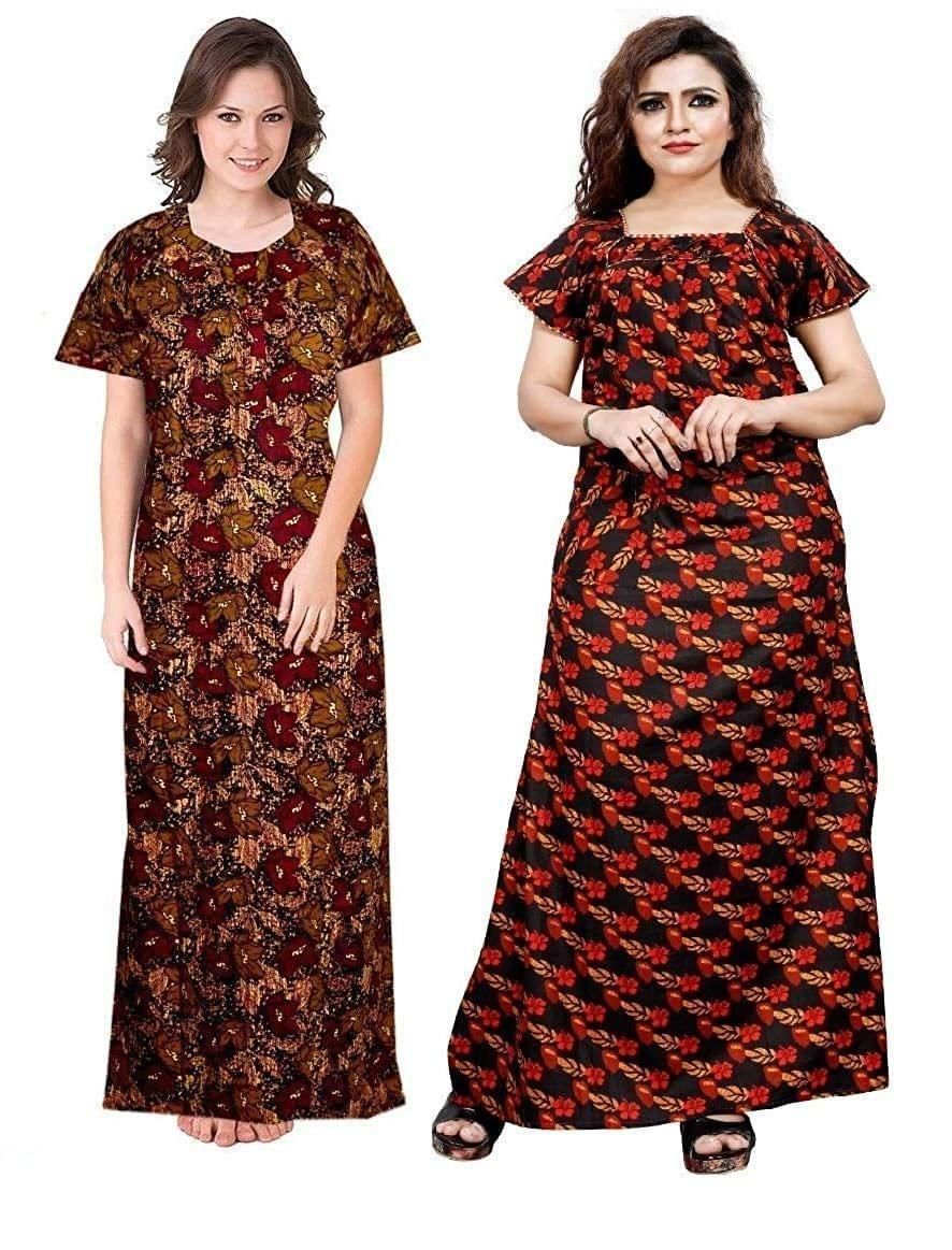 KBNBJ Women's Cotton Printed Night Gown Nighty Combo Pack of 2, Brown & Black Color - Free Size