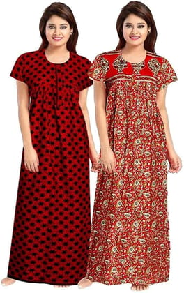 KBNBJ Women's Cotton All Over Print Maxi Nighty Pack of 2 (KB_6&32, Red, Free Size)