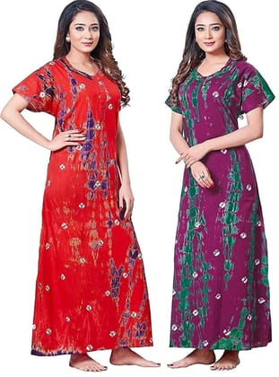 KBNBJ Women's Cotton Printed Nighty Night Gown Maxi Free Size (Pack of 2)(26&27) Multicolour