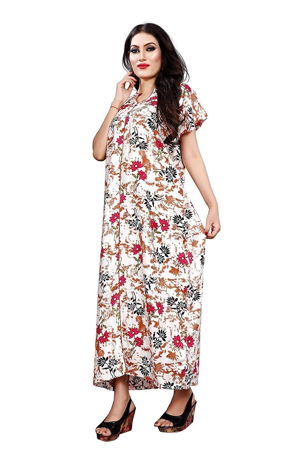 KBNBJ Women's Beautiful Rayon Striped Print Full-Flare Floor Length Nighty with Long Sleeves/Night Gown (Light Brown, Free Size)