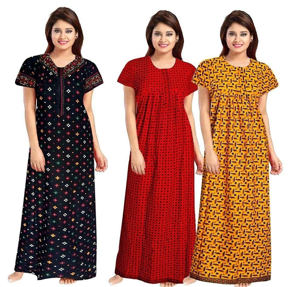KBNBJ Women's Cotton Printed Night Gown Nighty Combo Pack of 3 - Free Size