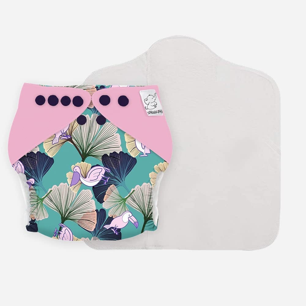 Snugkins -New Age Reusable, Waterproof & Washable Cloth Diapers for Babies (0-2 years).Contains 1 Diaper, 1 Wet-Free Organic Cotton Pad. Fits 5kg - 14kg babies - GINKGO