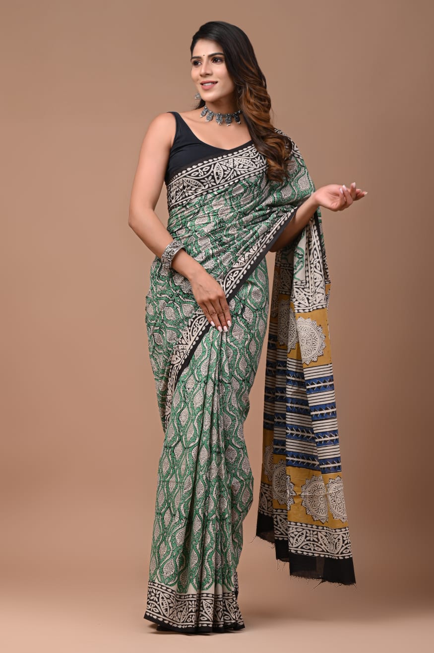 Bagru Handblock Printed Cotton Saree With Blouse