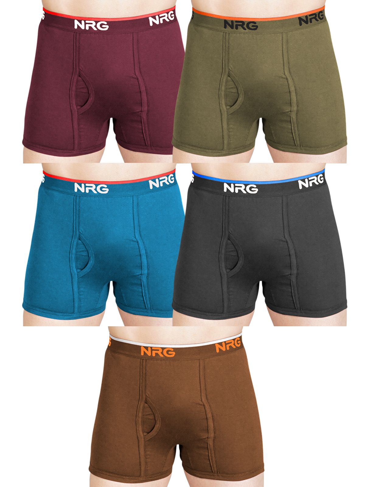 NRG Mens Cotton Assorted Colour Without Pocket Trunks ( Pack of 5 Maroon - Light Green - Turquoise - Coffee Brown - Light Brown ) G11