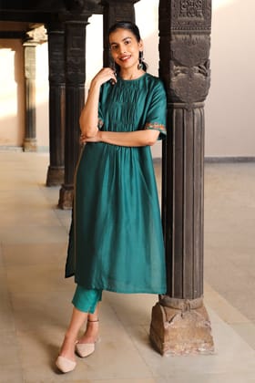 Juhi Teal Kurta With Crewel Embroidery Juhi Teal Kurta With Crewel Embroidery