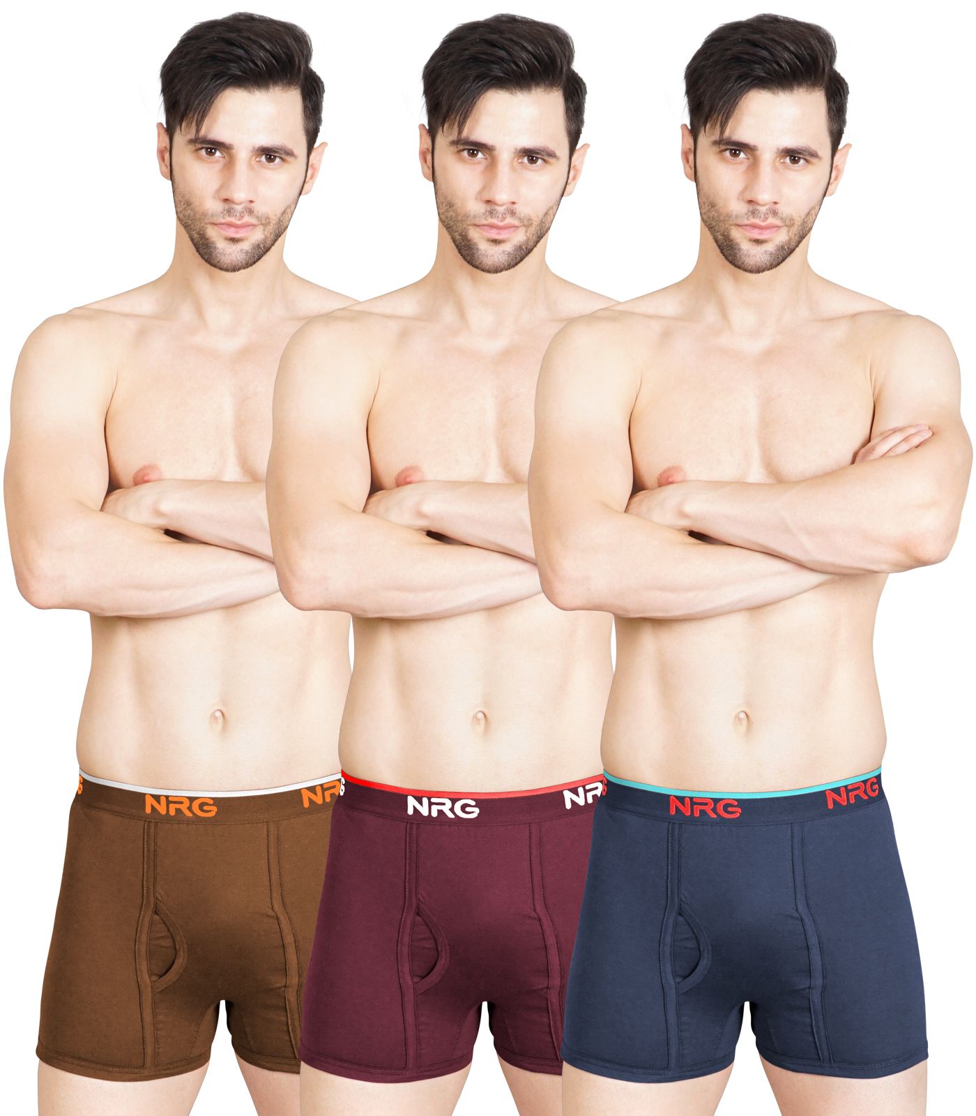NRG Mens Cotton Assorted Colour Without Pocket Trunks ( Pack of 3 Light Brown - Maroon - Navy Blue ) G11