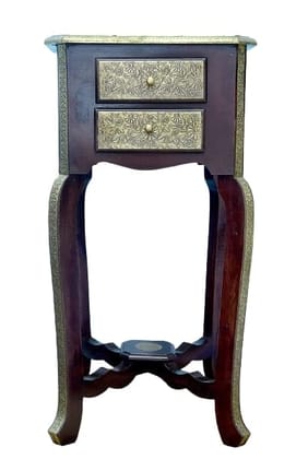 Creative Handicrafts Wooden with Brass Bedside Table Antique Look with Drawer Storage for Living Room Bedroom Side End Stool