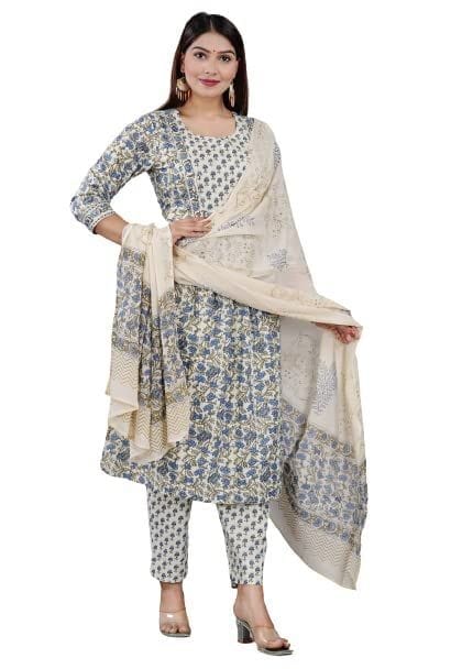 MANMAYEE  Women's Badala Work On Yoke Cotton Nyra Cut Kurti with Pant & Dupatta | Nyra Cut Kurti
