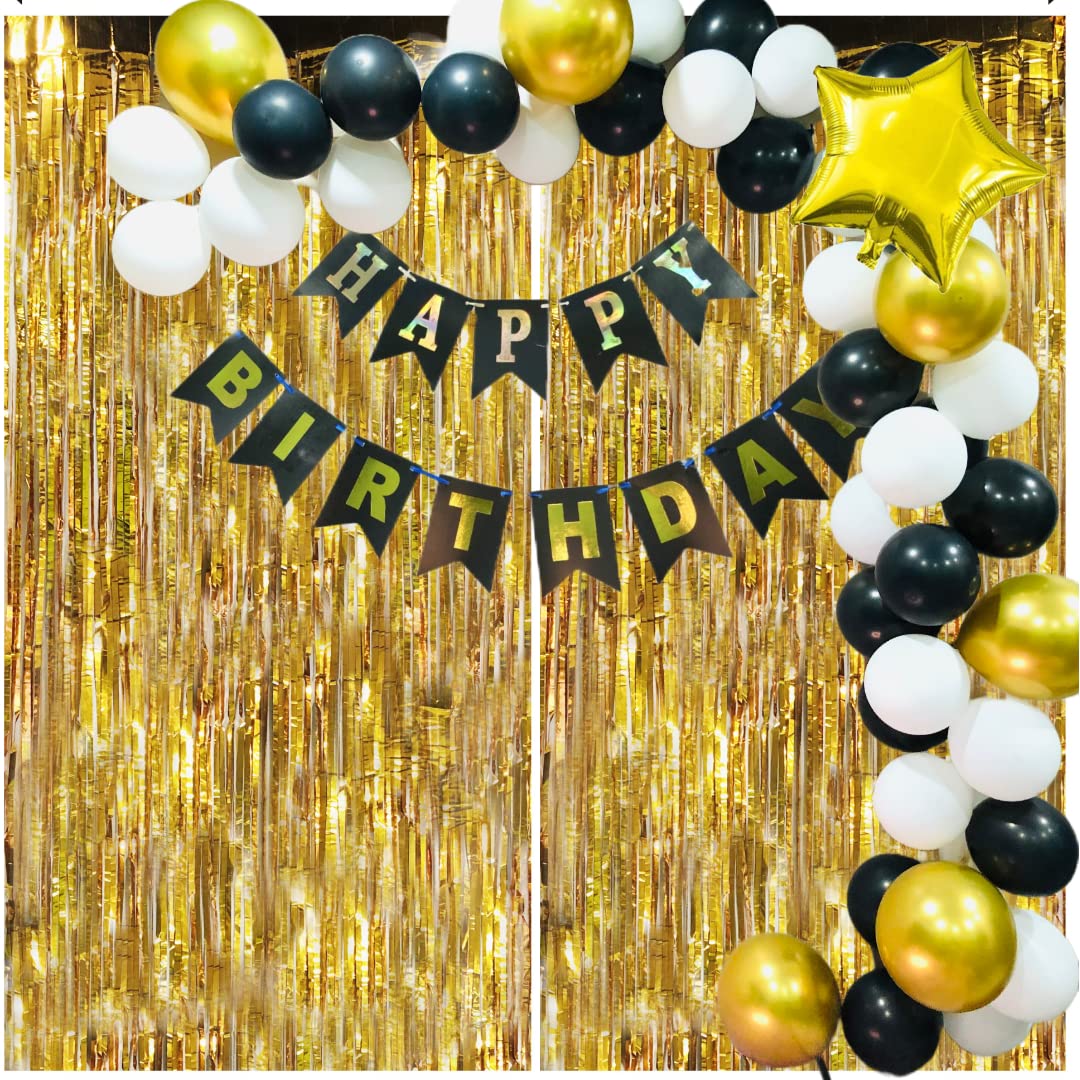 F C Fancy Creation Happy Birthday Decoration Kit Combo - 34pcs Metallic Rubber Confetti with Birthday Bunting Golden Foil Curtain/Happy Birthday Decorations Items Set