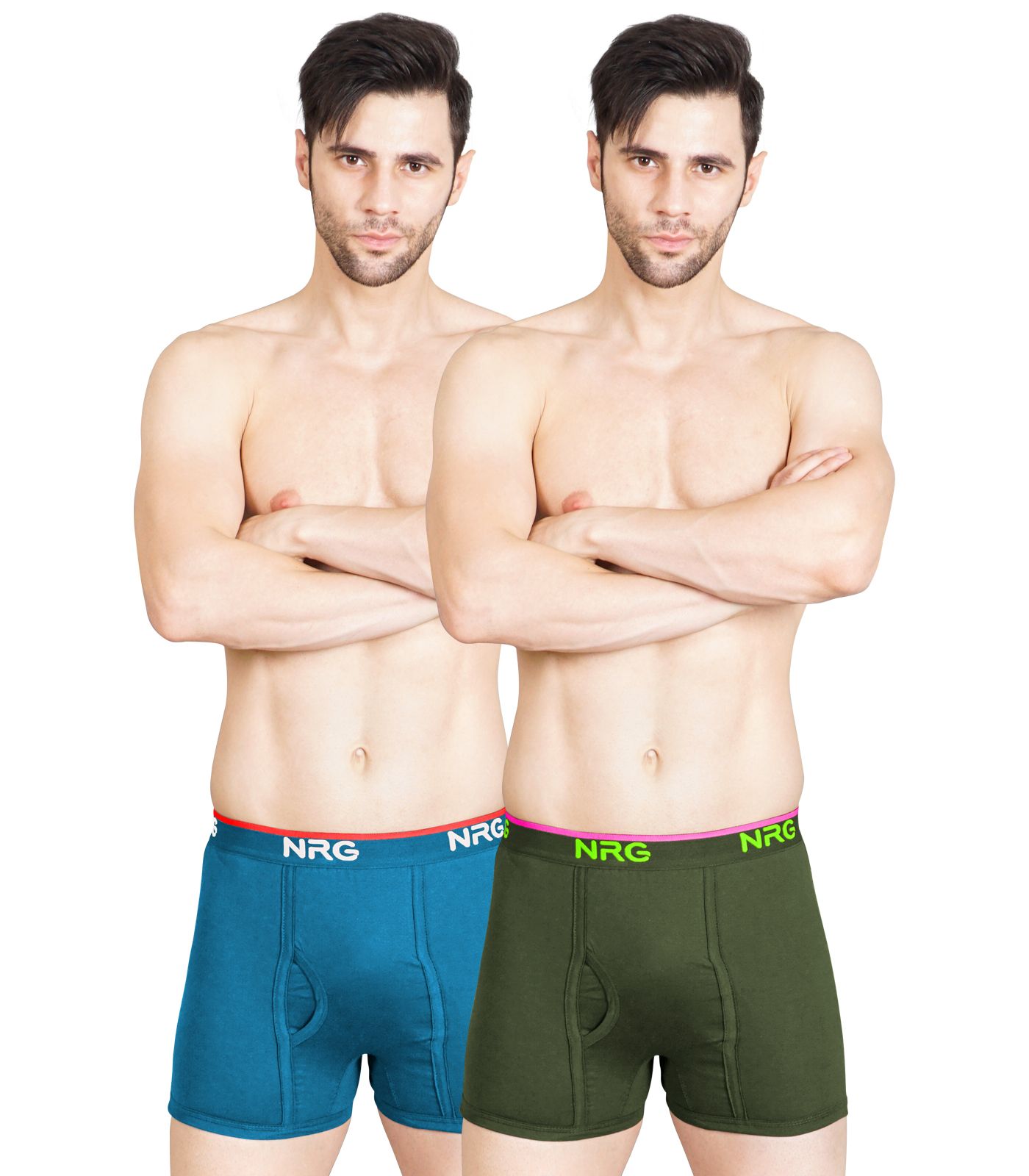 NRG Mens Cotton Assorted Colour Without Pocket Trunks ( Pack of 2 Turquoise - Military Green ) G11