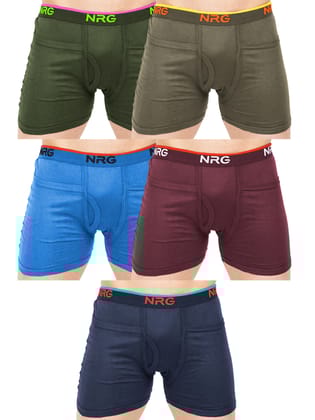 NRG Mens Cotton Assorted Colour Rib Pocket Trunks ( Pack of 5 Military Green - Dark Green - Light Blue - Maroon - Navy Blue ) G14