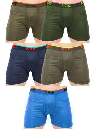 NRG Mens Cotton Assorted Colour Rib Pocket Trunks ( Pack of 5 Light Green - Military Green - Navy Blue -Dark Green - Light Blue ) G14