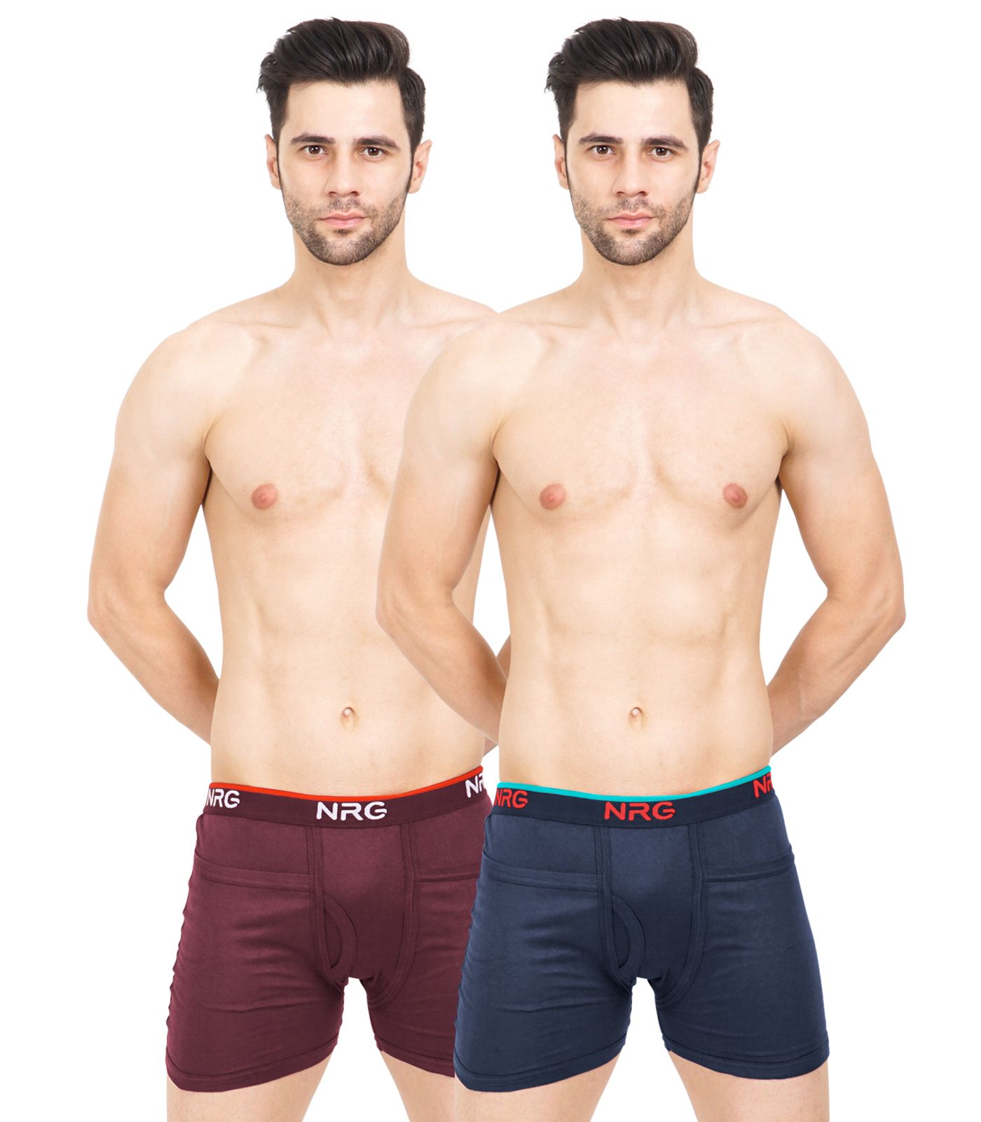 NRG Mens Cotton Assorted Colour Rib Pocket Trunks ( Pack of 2 Maroon -  Navy Blue ) G14