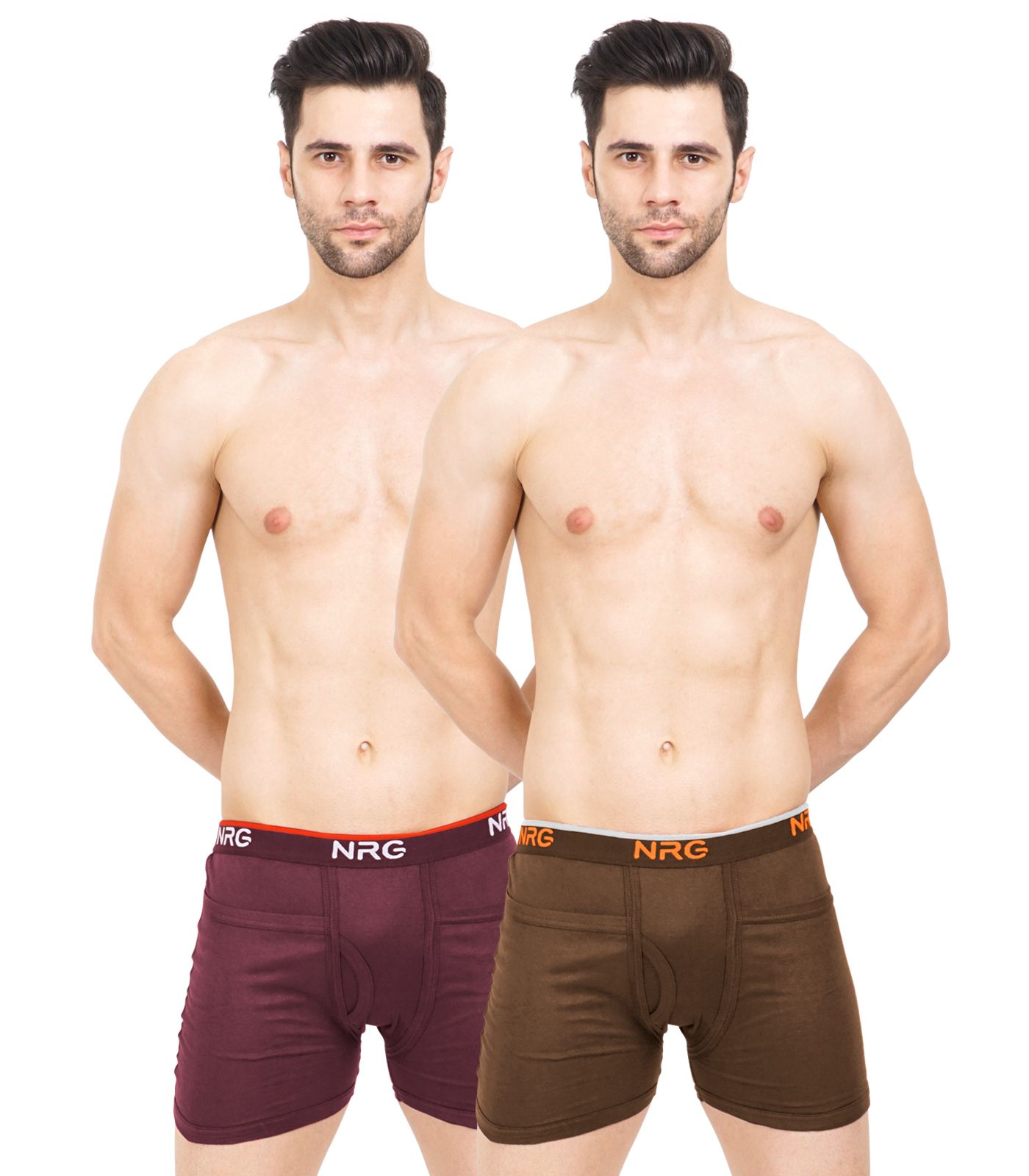 NRG Mens Cotton Assorted Colour Rib Pocket Trunks ( Pack of 2 Maroon - Light Brown ) G14