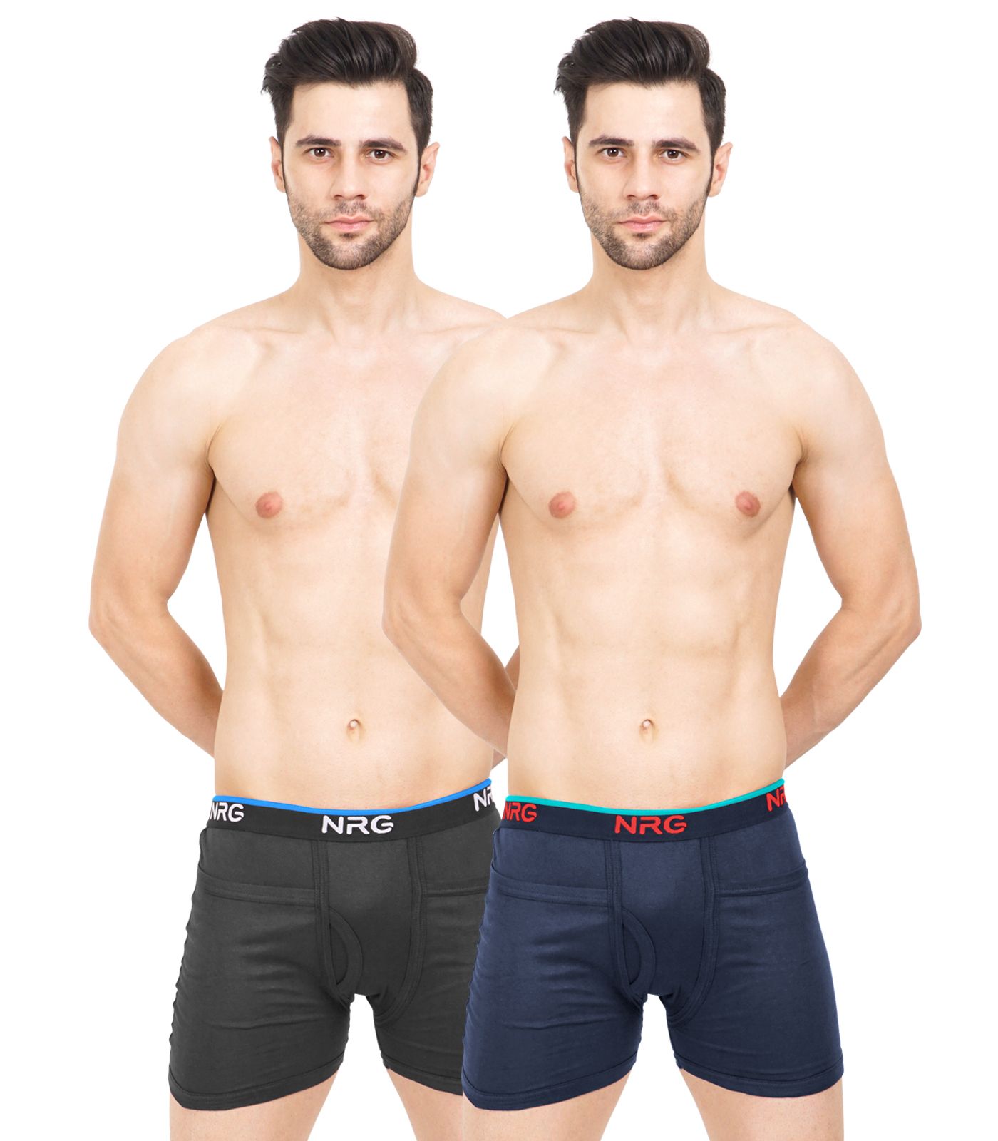NRG Mens Cotton Assorted Colour Rib Pocket Trunks ( Pack of 2 Coffee Brown - Navy Blue ) G14