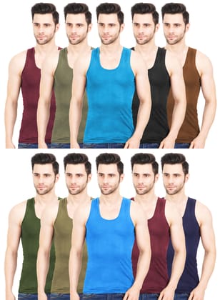 NRG Mens Sleeveless Colour Cotton Vest ( Pack of 10 Maroon - Light Green - Turquoise - Coffee Brown - Light Brown - Miilitary Green - Dark Green - Light Blue - Maroon - Navy Blue ) G23