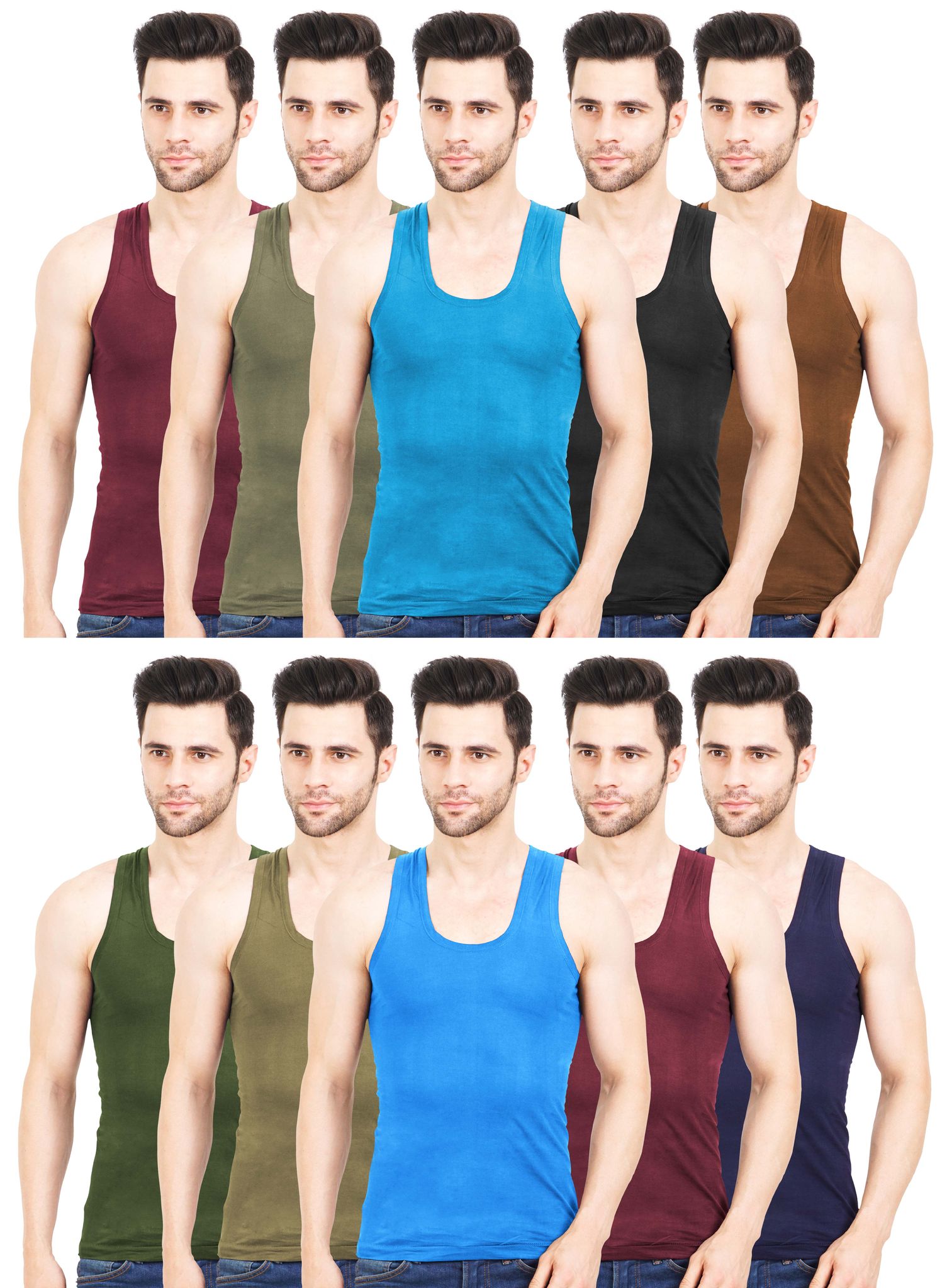 NRG Mens Sleeveless Colour Cotton Vest ( Pack of 10 Maroon - Light Green - Turquoise - Coffee Brown - Light Brown - Miilitary Green - Dark Green - Light Blue - Maroon - Navy Blue ) G23
