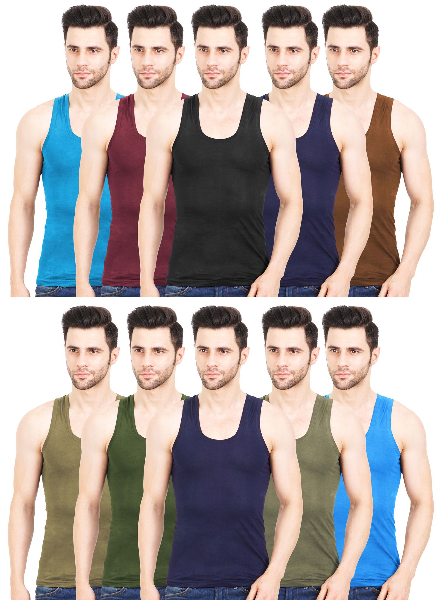 NRG Mens Sleeveless Colour Cotton Vest ( Pack of 10 Turquoise - Maroon - Coffee Brown - Navy Blue - Light Brown - Light Green - Military Green - Navy Blue - Dark Green - Light Blue ) G23