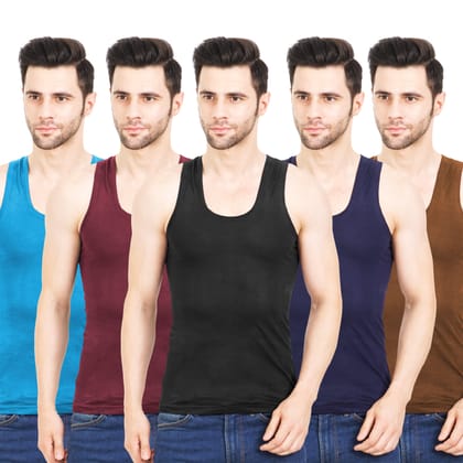 NRG Mens Sleeveless Colour Cotton Vest ( Pack of 5 Light Blue - Maroon - Coffee Brown - Navy Blue - Light Brown ) G23