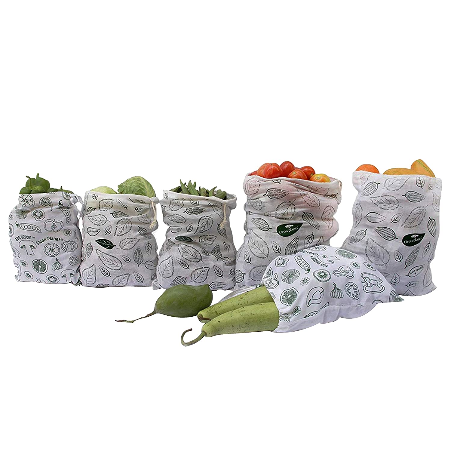 Clean Planet Cotton Vegetable Storage Bags for Fridge, Eco-Friendly Bags, Non-Toxic, Washable, Reusable, Non-Toxic, Washable Vegetables and Fruits Storage Bag - (Set of 8 Regular -10" x 12")