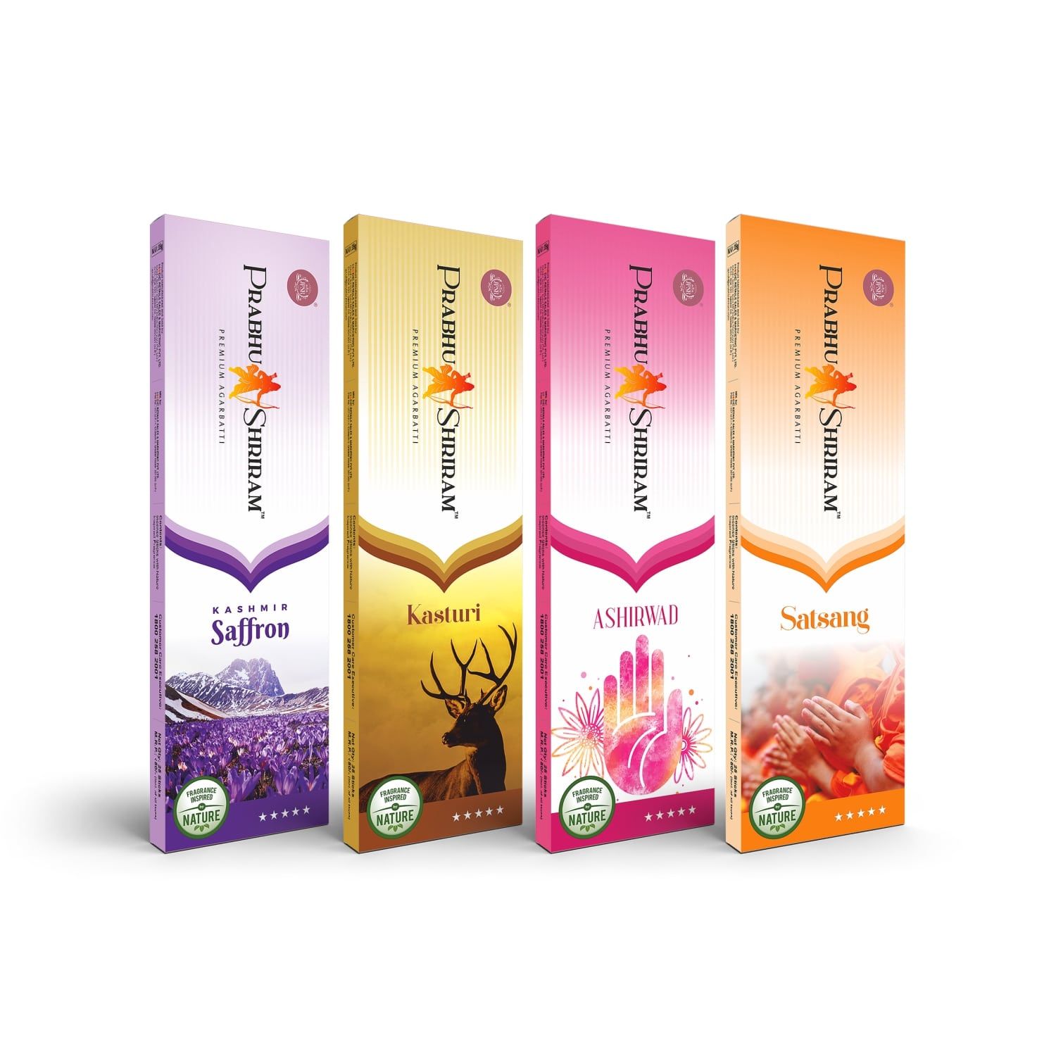 PRABHU SHRIRAM Pack of 4 Saffron,Kasturi,Ashirwad &Satsang combo 100% charcoal free Agarbatti Nature Inspired Fragrance