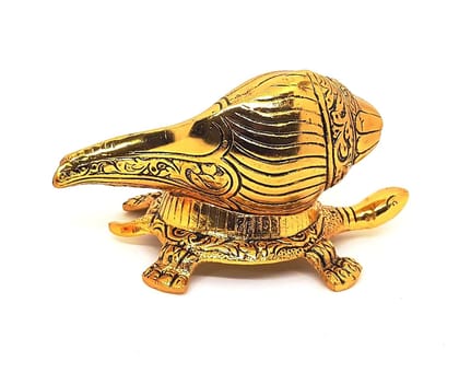 Gifton Click Metal Shankh Placed On Tortoise Decorative Showpiece Figurine, Gold, 6 X 5 X 3.9 Inches in Golden Color