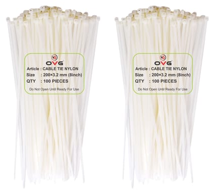 OVG Nylon Self Locking Cable Ties, White (200 mm × 3.2 mm, 8 Inch, Pack of 200 Pcs) Heavy Duty Strong Zip Ties Teeth Grip Fastener Organizer Tie