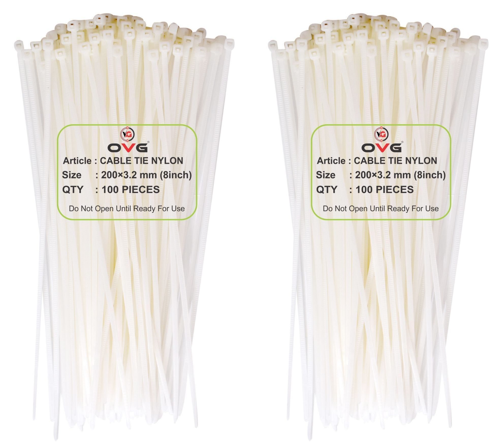 OVG Nylon Self Locking Cable Ties, White (200 mm × 3.2 mm, 8 Inch, Pack of 200 Pcs) Heavy Duty Strong Zip Ties Teeth Grip Fastener Organizer Tie