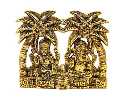 GAC Online Laxmi Ganesh Murti with Coconut Tree Ganesh Laxmi Under Tree, Aluminium Golden Colour, 18*4*20 cm