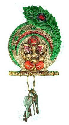 GIFTONCLICK Royal Look Aluminium Metal Lord Ganesha Meenakari Mor Pankh Metal Key Holder Idol (14"X18.5") for decore Your Home,Office,Temple,Bedroom,Hall,Kitchen etc(Best for Diwali Gift)