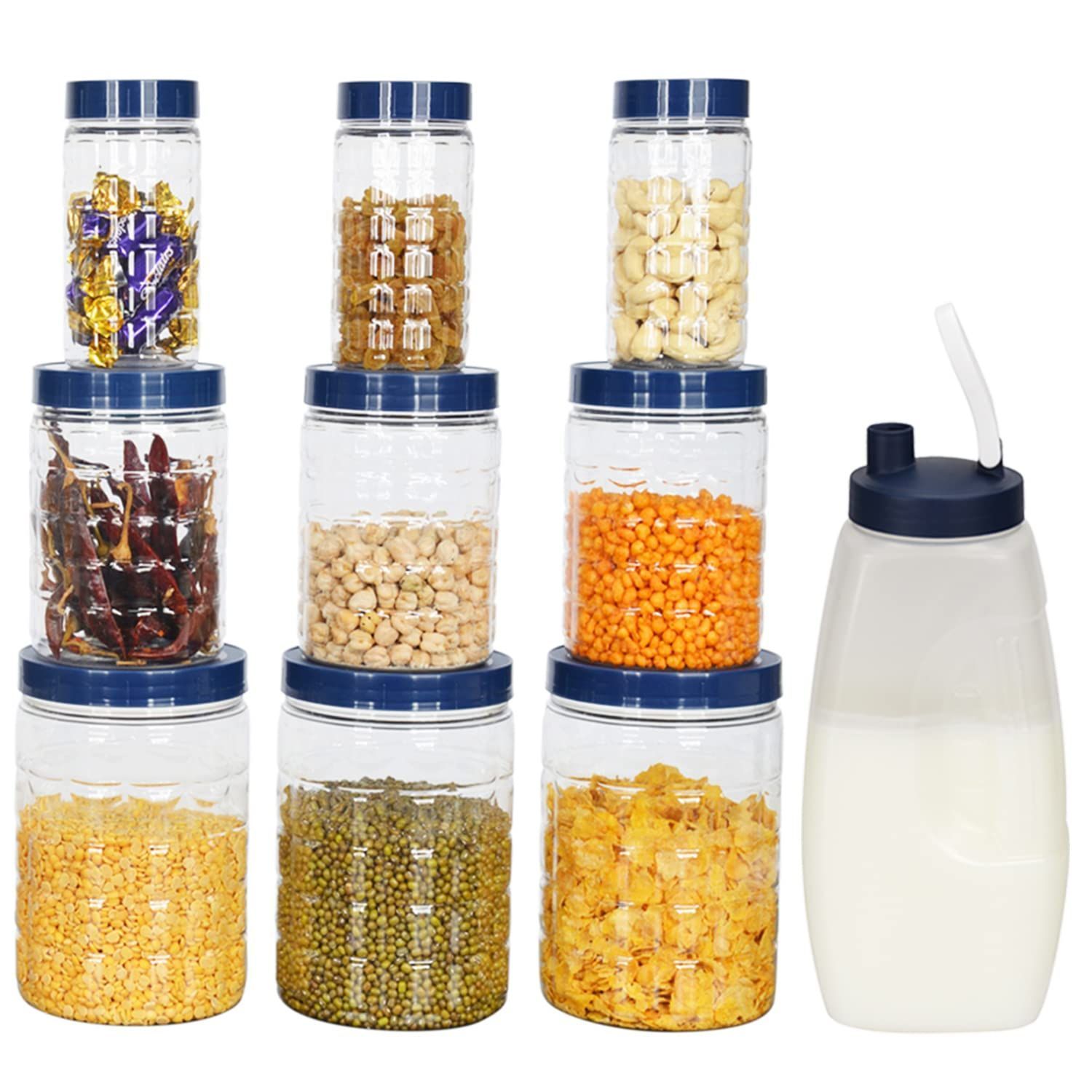 BEAR GRIPS 9 Airtight kitchen checkered PET containers/jars sets and 1.5 litre Milk jug combo