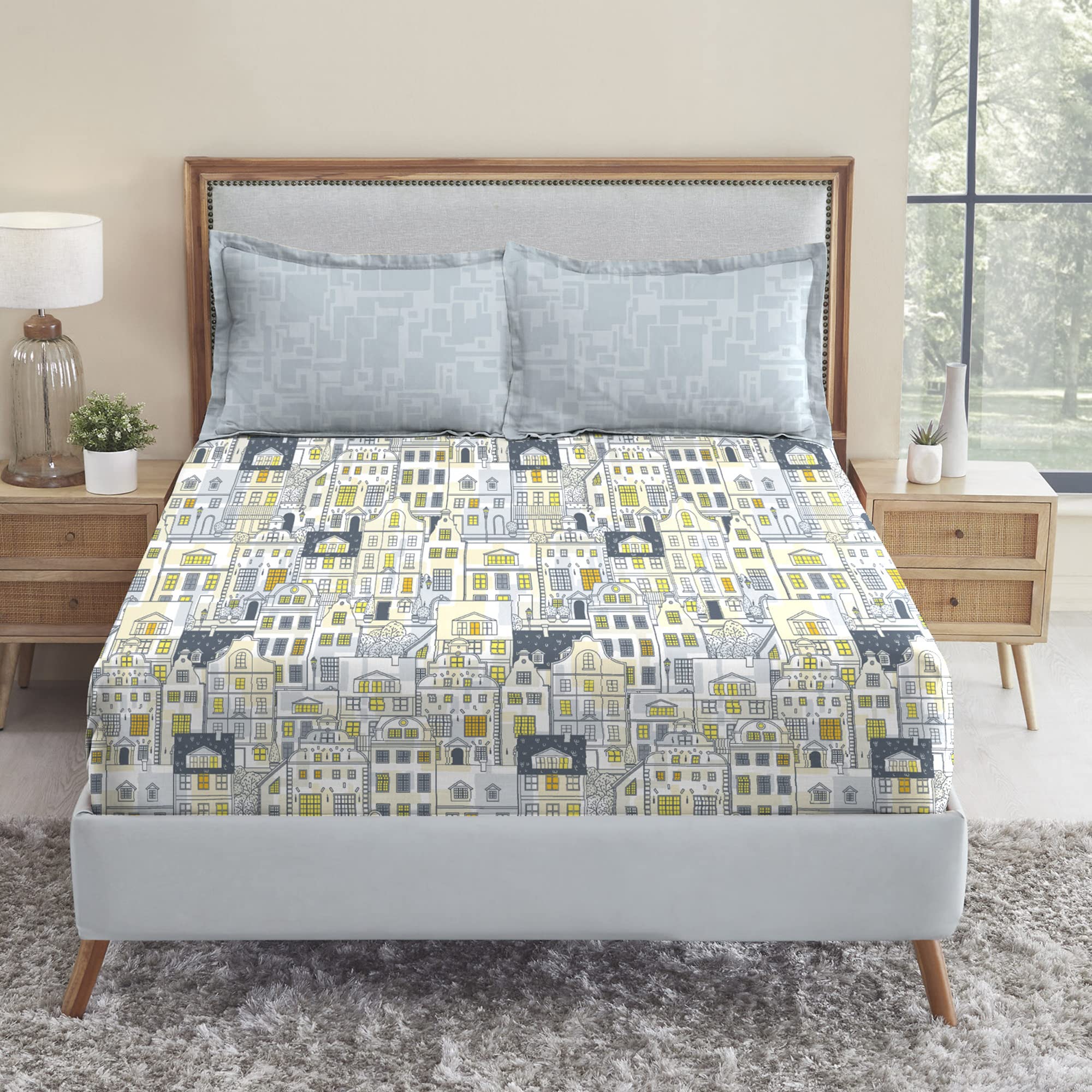 Trident Queen Sheet Set, 100% Cotton, 144 Thread Count, Queen Size Bedsheet Set with 2 Pillow Covers, Superior Softness, Oeko-Tex Certified, Dusk and Down Bedsheets Collection